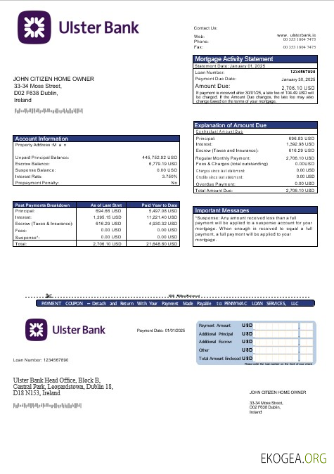 Relevé hypothécaire de la banque Irlande Ulster aux formats Word et PDF